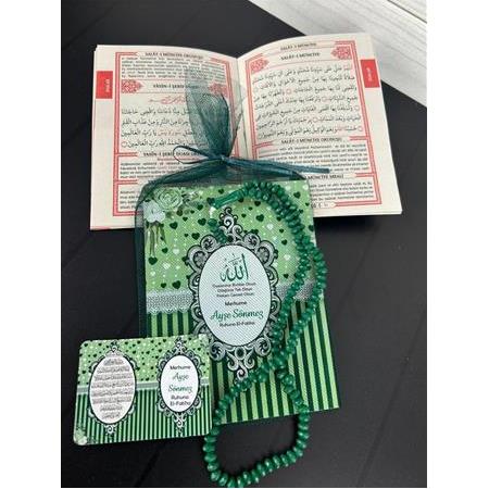 Çanta Boy Yasin Kitabı ve Mevlüt Hediye Seti Ayetli Magnet Tül Kese ve Tesbih-Yeşil