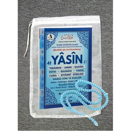 Orta boy 80 Sayfa İsim Etiketli Yasin Tesbih ve Tül Kese Mavi