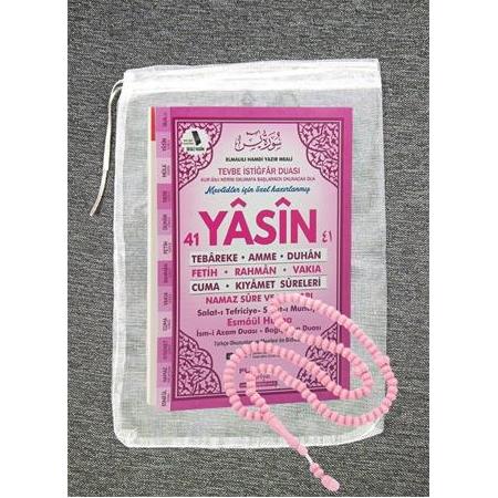 Orta boy 80 Sayfa İsim Etiketli Yasin Tesbih ve Tül Kese Pembe