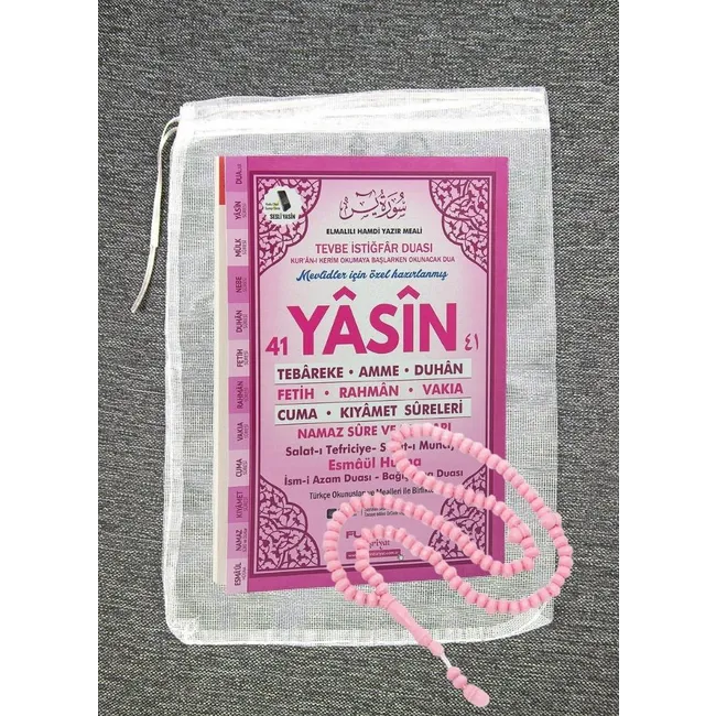 Orta boy 80 Sayfa İsim Etiketli Yasin Tesbih ve Tül Kese Pembe