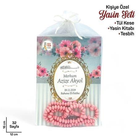 Tül Keseli İsim Yazılı Yasin Tesbih Seti Çanta Boy Gri