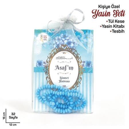 Erkek Bebek Mevlüt Seti Tül Keseli İsim Yazılı Yasin Tesbih Çanta Boy