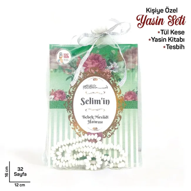 Tül Keseli İsim Yazılı Yasin Tesbih Seti Çanta Boy Yeşil
