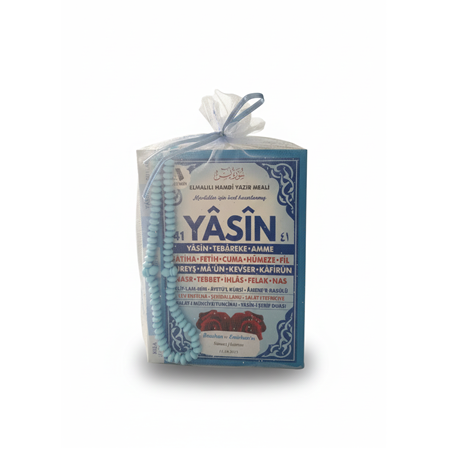 Çanta Boy İsim Yazılı Tül Keseli Yasin Kitabı ve Tesbih Seti Mavi | Mevlit Hediyeliği