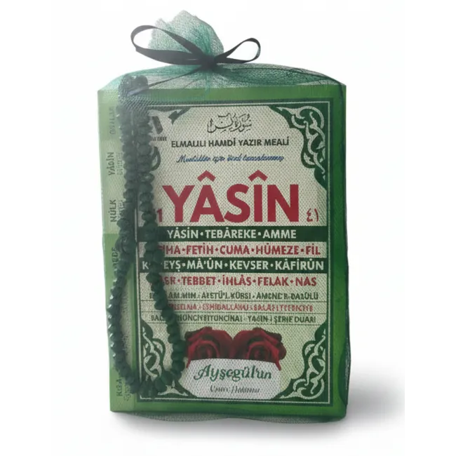 Çanta Boy İsim Yazılı Tül Keseli Yasin Kitabı ve Tesbih Seti Yeşil | Mevlit Hediyeliği