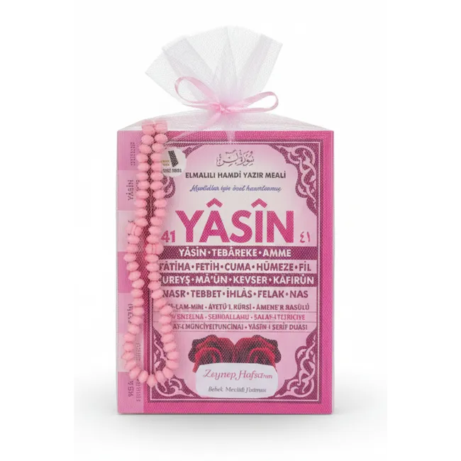 Çanta Boy İsim Yazılı Tül Keseli Yasin Kitabı ve Tesbih Seti Pembe | Mevlit Hediyeliği