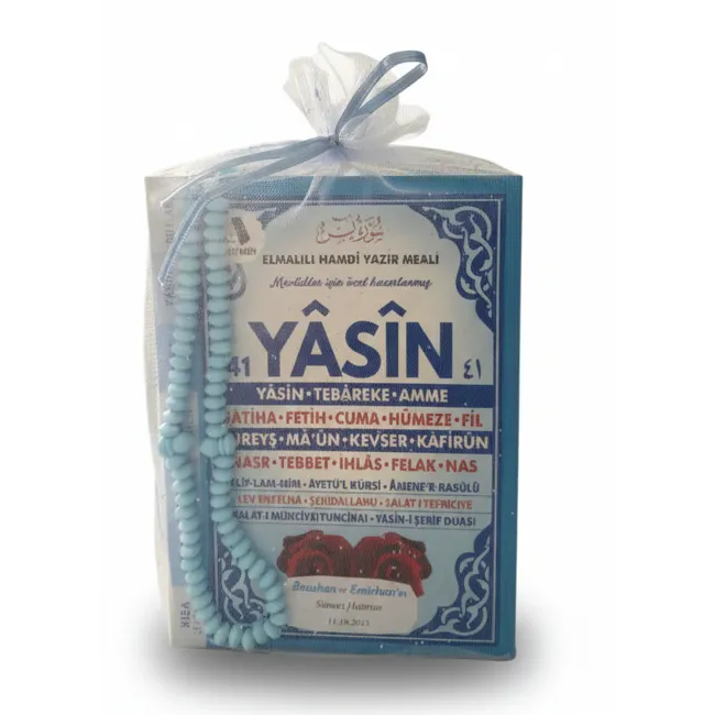 Çanta Boy İsim Yazılı Tül Keseli Yasin Kitabı ve Tesbih Seti Mavi | Mevlit Hediyeliği