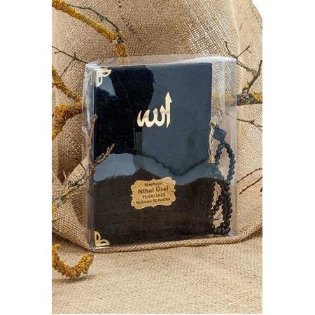 Asetat Kutulu Kadife Yasin ve İnci Tesbih Seti-Siyah